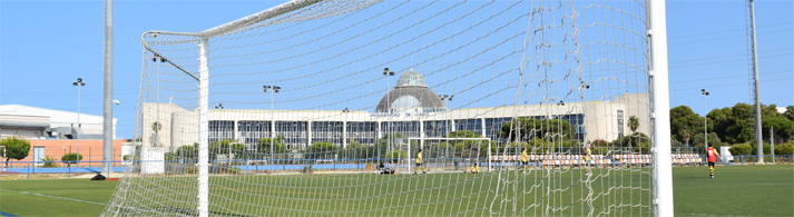 Campo de Fútbol 7 de césped artificial con la cúpula de la Universidad de Cádiz de fondo
